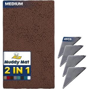 imageMuddy Mat 2 in 1 Bundle  Absorbent Microfiber Door Mat Brown Medium 30quotX19quot ampamp Rug Heavy Duty NonSlip Corner Pad Pack of 4 DoubleSided Adhesive Pad for Corners Ultimate Floor Protection Combo