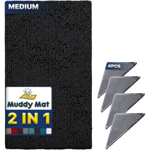 imageMuddy Mat 2 in 1 Bundle Absorbent Microfiber Door Mat Black Medium 30quotX19quot ampamp Rug Heavy Duty NonSlip Corner Pad Pack of 4 DoubleSided Adhesive Pad for Corners  Ultimate Floor Protection Combo