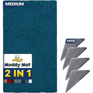 imageMuddy Mat 2 in 1 BundleAbsorbent Microfiber Door Mat Atlantic Blue Medium 30quotX19quot ampamp Rug Heavy Duty NonSlip Pads Pack of 4DoubleSided Adhesive Pad for CornersUltimate Floor Protection Combo