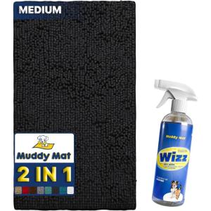 imageMuddy Mat 2in1 Set Black Medium 30quotX19quot Microfiber NonSlip Washable ampamp Highly Absorbent Chenille Dog Door Mat with Wizz Stain ampamp Odor RemoverUltimate Pet Cleanup Combo for Fresh ampamp Clean Homes