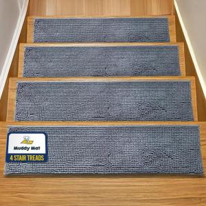 imageMuddy Mat Pack of 4  Soft Chenille Stair Treads NonSlip Reusable Super Absorbent Stair Treads for Wooden Steps Tile ampamp Marble Floor Easy to Install ampamp Machine Washable  Grey 30 x 74