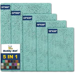 imageMuddy Mat Pack of 5 Absorbent Microfiber Door Mat and Pet Rug Non Slip Thick Washable Area and Bath Mat Soft Chenille for Kitchen Bathroom Bedroom Indoor and Outdoor  Seafoam Green Sizes S to XXL