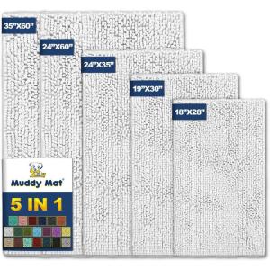 imageMuddy Mat Pack of 5 Highly Absorbent Microfiber Door Mat and Pet Rug Non Slip Thick Washable Area and Bath Mat Soft Chenille for Kitchen Bathroom Bedroom Indoor and Outdoor  White Sizes S to XXL