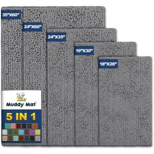 imageMuddy Mat Pack of 5 Highly Absorbent Microfiber Door Mat and Pet Rug Non Slip Thick Washable Area and Bath Mat Soft Chenille for Kitchen Bathroom Bedroom Indoor and Outdoor  Grey Sizes S to XXL