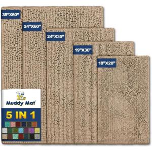 imageMuddy Mat Pack of 5 Highly Absorbent Microfiber Door Mat and Pet Rug Non Slip Thick Washable Area and Bath Mat Soft Chenille for Kitchen Bathroom Bedroom Indoor and Outdoor  Beige Sizes S to XXL